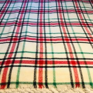 Plaid blanket fringed scarf, cream red, green, black, acrylic, Approx 26” x 27”